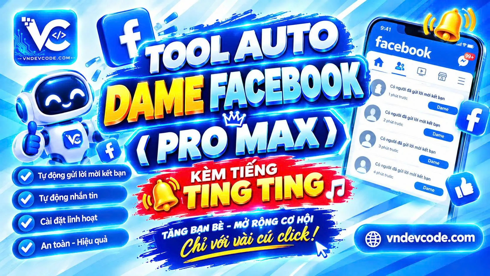 Tool Auto Dame Facebook ( Pro Max ) kèm tiếng Ting Ting
